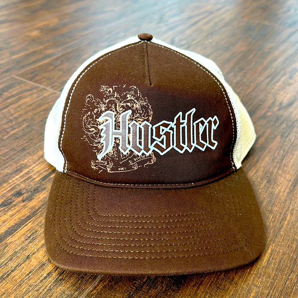 Vintage used Hustler brown & white trucker hat.